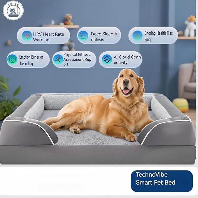 Smart Pet Bed, Gray, Memory Foam, Large 48x36x12 Inches, Heart Rate Monitoring, Rectangular Dog Bed with AI Health Tracking, Pet Health Assessment System