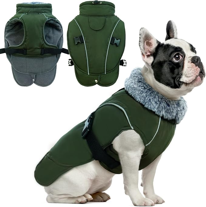 DENTRUN Winter Warm Dog Coat Reflective Jacket with Turtleneck for Cold Weather, Adjustable Buckle Windproof Water Repellent, Thick Snowsuit Fleece Vest for Small, Medium, Large Dogs, Green, M