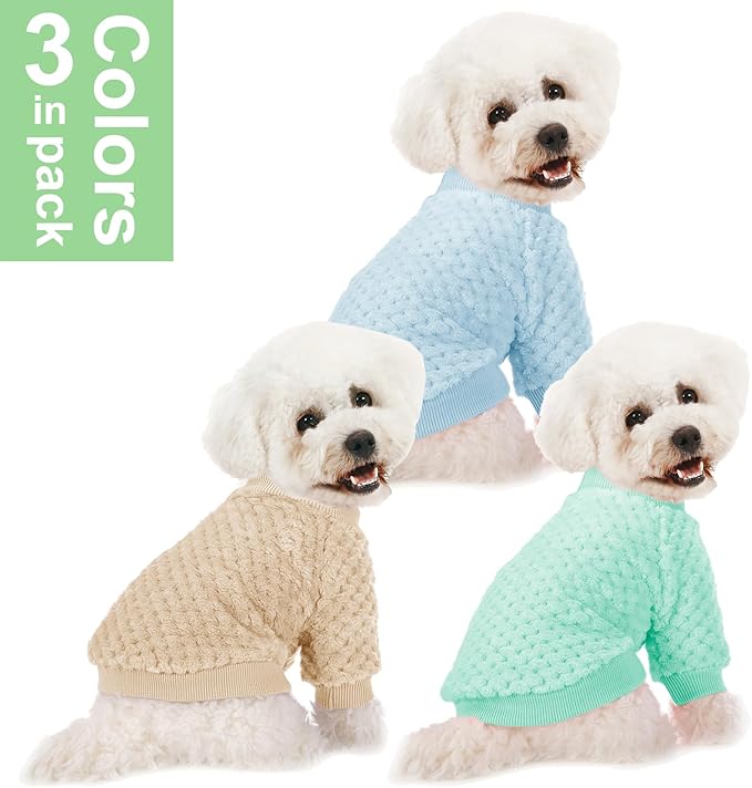 POMIU Dog Sweater, Dog Sweaters for Small Medium Dogs or Cat, Warm Soft Flannel Pet Clothes for Dogs Girl or Boy, Dog Shirt Coat Jacket (Ice Blue+Light Coffee+Teal, Small)