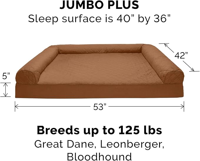 Furhaven Memory Foam Dog Bed for Large Dogs w/ Removable Bolsters & Washable Cover, For Dogs Up to 125 lbs - Quilted Sofa - Toasted Brown, Jumbo Plus/XXL