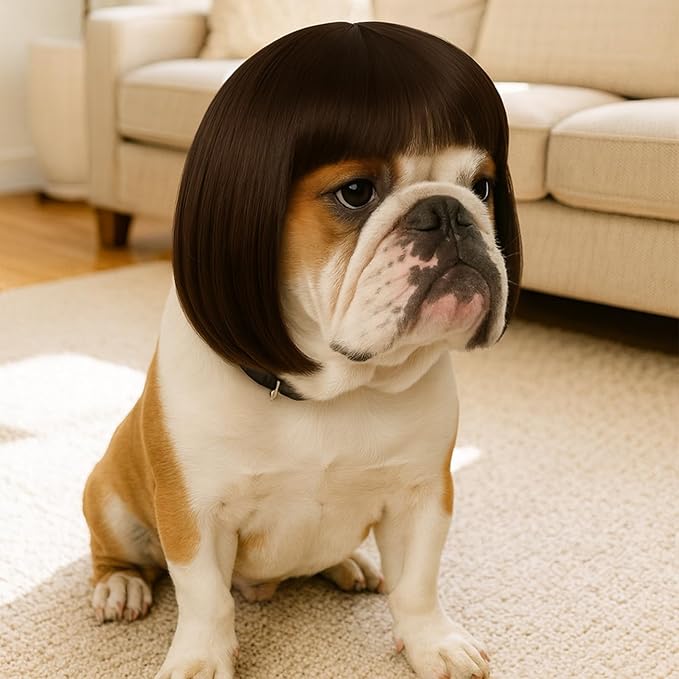 Funny Dog Wig for Small Medium Large Dogs, 7 Inches Pet Costume Elastic Cat Cosplay Wig Decoration for Halloween, Christmas, Parties（Brown）