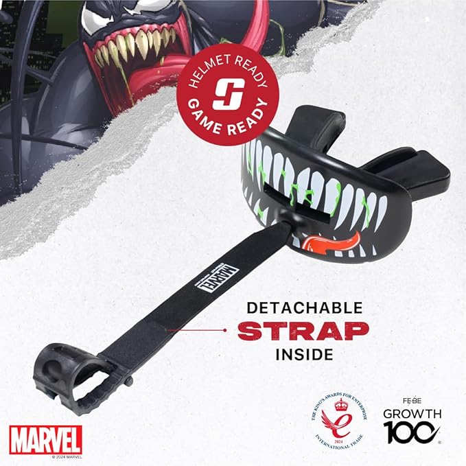 Marvel Venom Football Mouth Guard with Detachable Strap, Lip Protector Adults and Junior, Football & Lacrosse (One Size, Black)
