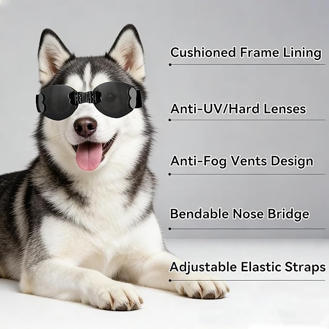 Namsan Dog Goggles Medium Breed, UV Protection, Adjustable Nose Bridge, Anti-Fog Dog Sunglasses for Small to Medium Dogs, Outdoor Doggie Eye Protection, Windproof Dustproof, Black