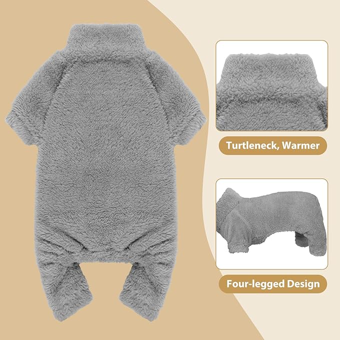 Fuzzy Pajamas Turtleneck Dog Clothes Warm Soft Cozy Lightweight Dog Pjs Sweaters for Small Dogs (Grey-XXS)
