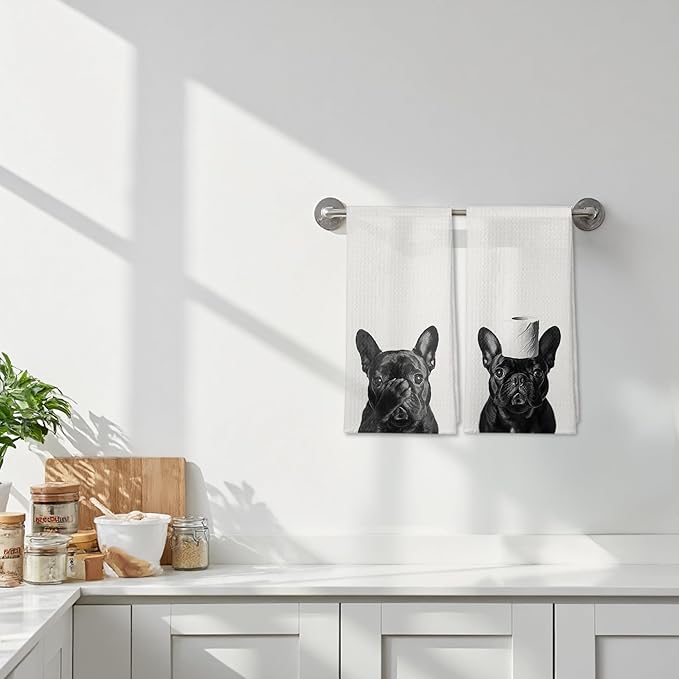 Funny Black French Bulldog Bathroom Hand Towels Set of 2, Gifts for French Bulldog Lovers, Dog Bathroom Decor, Frenchie Gifts Decorative Hand Towels for Bath Room Washroom Spa Gym, 16x24 Inches