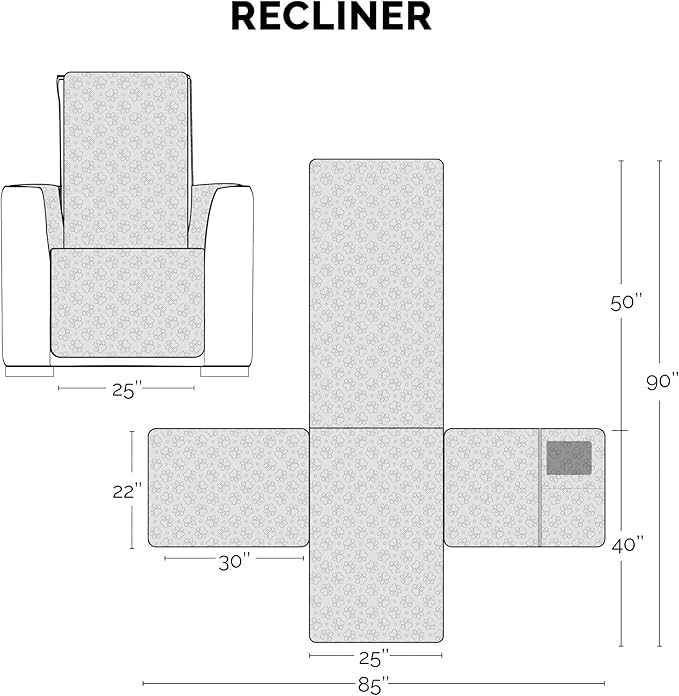 Furhaven Waterproof & Non-Slip Recliner Chair Cover Protector w/ Side Pockets for Dogs, Cats, & Children - Quilted Paw Print Living Room Furniture Cover - Gray, Recliner