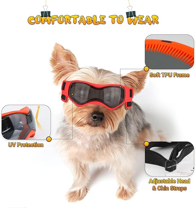 LESYPET Small Dog Sunglasses Dog Goggles UV Wind Dust Protection Pet Sunglasses Eye Protection for Outdoor Walking Riding, Orange S