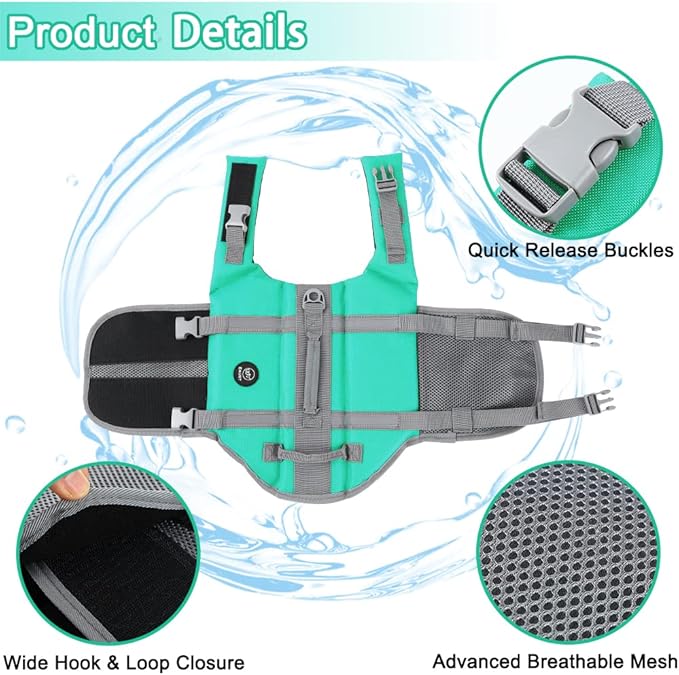 EMUST Dog Life Jackets for Swimming, High Buoyancy Vests for Boating & Beach - Small/Medium/Large, Turquoise