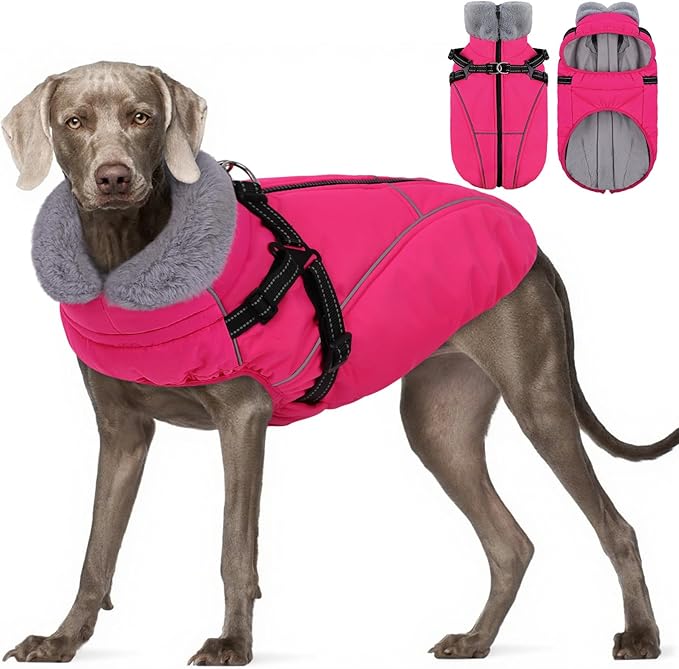 Dog Winter Coat, Windproof Dog Puffer Jacket with Harness Built in, Reflective Pet Vest for Cold Weather Dogs Snowsuit with Zipper, Rose 3XL