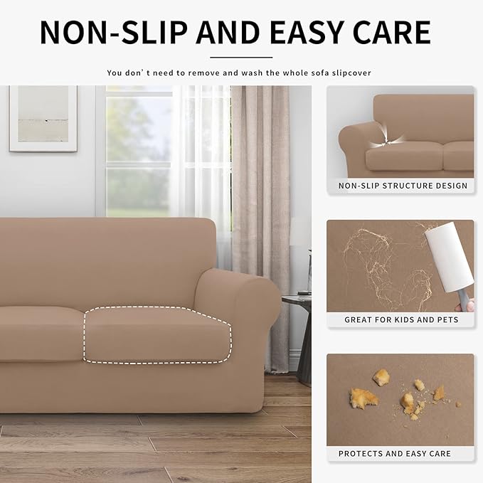 Easy-Going 100% Dual Waterproof 3 Pieces Oversized Loveseat Cover Stretch Soft Couch Cover for Dogs, Sofa Slipcover for 2 Separate Cushion Couch Leakproof Furniture Protector for Kids, Pets Camel