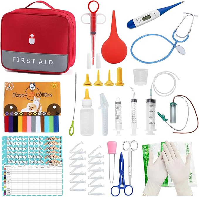 Puppy Whelping Kit, Kitten Puppy Whelping Supplies, Newborn Puppy Essentials, Whelping kit for Puppies Birth, Whelping Collars, Digital Thermometer, Stethoscope, Sputum Aspirator and More