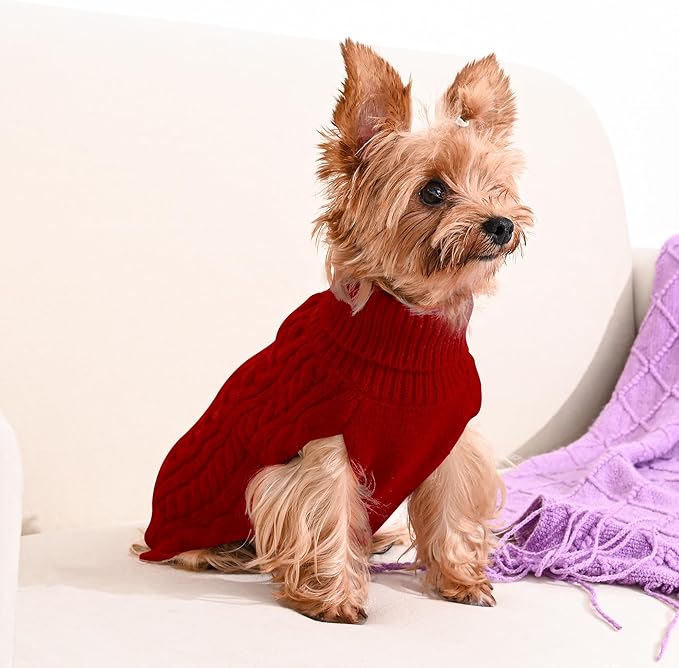2 Pack Dog Sweaters for Small Dogs Winter Turtleneck Pullover Cable Knit Fleece Stretch Puppy Doggie Chihuahua Toy Poodle Yorkie Pomeranian Boy Girl Pet Clothes (S, Red & Green)