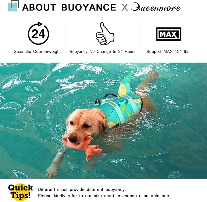 Queenmore Dog Life Jacket,Dog Life Vest for Swimming,Dog Shark Life Jacket with Rescue Handle,Adjustable Reflective Dog Life Preserver for Large Dog,Green Print L