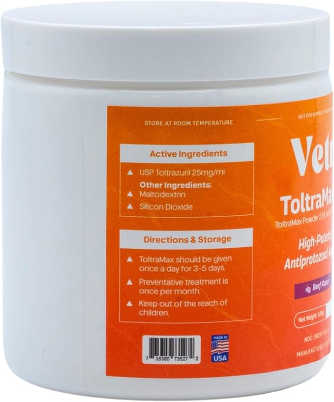 Vetr's Toltramax 2.5% Toltrazuril Powder for Dogs, Cats, Horses, Anti-Coccidia, Antiprotozoal Agent, Safe for Puppies, Kittens, and Pregnant Animals, 100g (Beef Flavored)