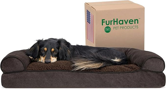 Furhaven Pillow Dog Bed for Medium/Small Dogs w/ Removable Bolsters & Washable Cover - Sherpa & Chenille Sofa - Coffee, Medium