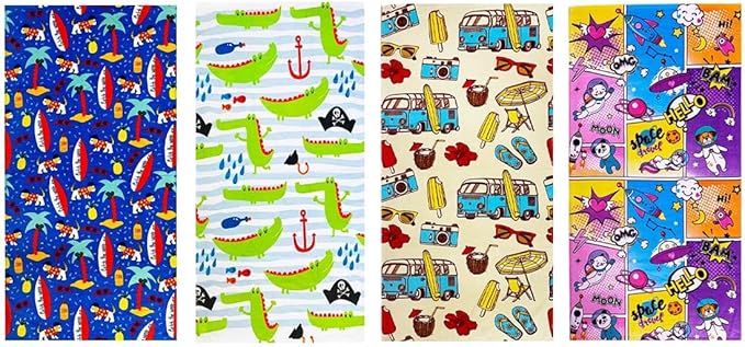 YIFONTIN 4 Pack Kids Beach Towel 100% Cotton Velour Terry Soft Absorbent Throw Blanket 25.5x51 inch Gift for Bath Swimming Pool Sports Holiday Travel, Pirates Gator Surfboard Puppy Rocket Unicorn Bus.