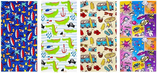 YIFONTIN 4 Pack Kids Beach Towel 100% Cotton Velour Terry Soft Absorbent Throw Blanket 25.5x51 inch Gift for Bath Swimming Pool Sports Holiday Travel, Pirates Gator Surfboard Puppy Rocket Unicorn Bus.