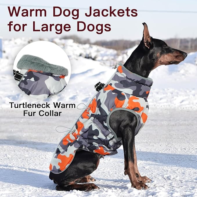 Dog Winter Coat - Large, Warm Dog Coat - Zip Up Snowsuit - Reflective, Water-Resistant - Orange-Camouflage