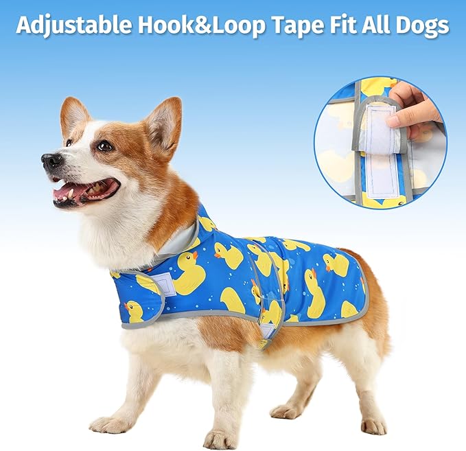 Dog Raincoat for Large Dogs Waterproof Jacket Hooded Rain Coats with Reflective Strips Leash Hole & Poncho Adjustable Fit (ShinyDuck,L)