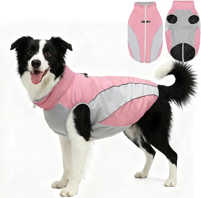 Dog Coats for Medium Dogs with Harness Built in, Waterproof Dog Jacket Warm Pet Winter Coat Snowsuit for Cold Weather, Reflective Fleece Windproof Jacket, Pink, U-LDMF02L