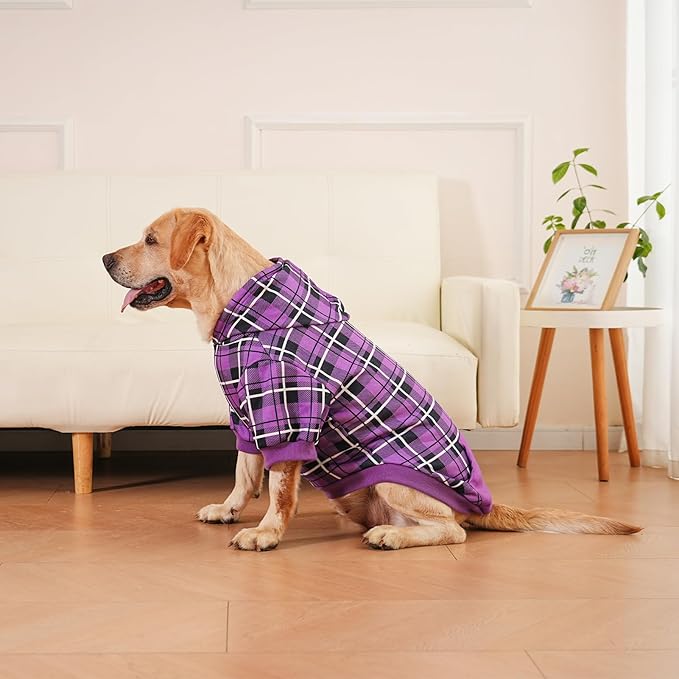 EXPAWLORER Plaid Dog Hoodie - British Style Warm Dog Sweater Shirt with Leash Hole,Pitbull Clothes Outfits,Winter Coat Apparel for All Breeds Puppy Girl Boy-Cat Apparel,Purple XX-Large