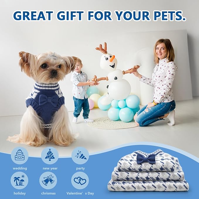 Small Dog Sweaters, Pet V-Neck Doggy Clothes, Knit Sweater for Pomeranian, Bichon, Frise, Pug, Yorkie, Cat Cold Weather Outfit (Blue, L)