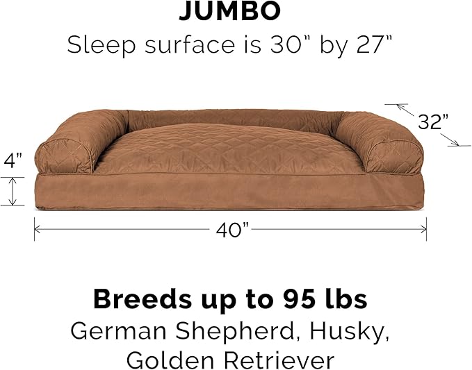 Furhaven Pillow Dog Bed for Large Dogs w/ Removable Bolsters & Washable Cover - Quilted Sofa - Toasted Brown, Jumbo/XL