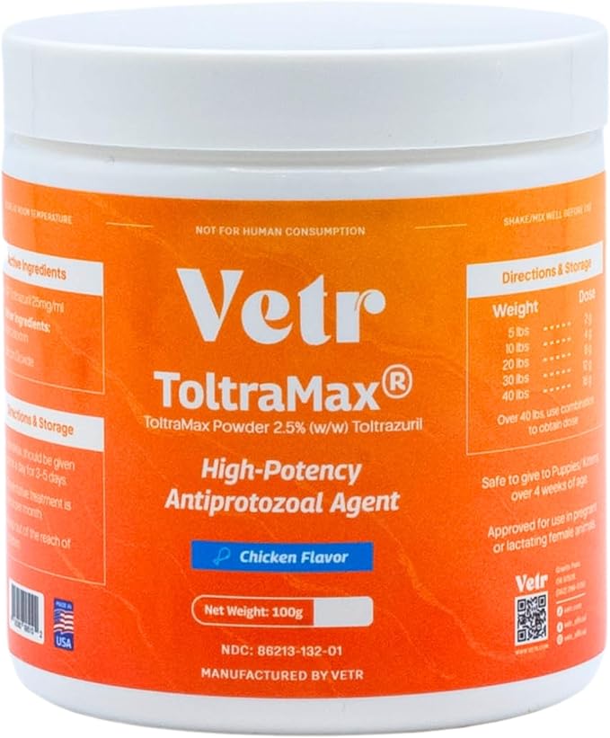 Vetr's Toltramax Toltrazuril Powder for Horses, Dogs, Cats, 100g (2.5%, Chicken)