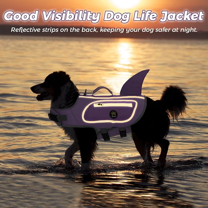 Dog Life Jacket, Shark Dog Life Vest Adjustable Pet Swimming Safety Vest with Superior Buoyancy & Rescue Handle for Small Medium Large Dogs, Swim, Pool, Beach, Boating (Lilac, X-Small)