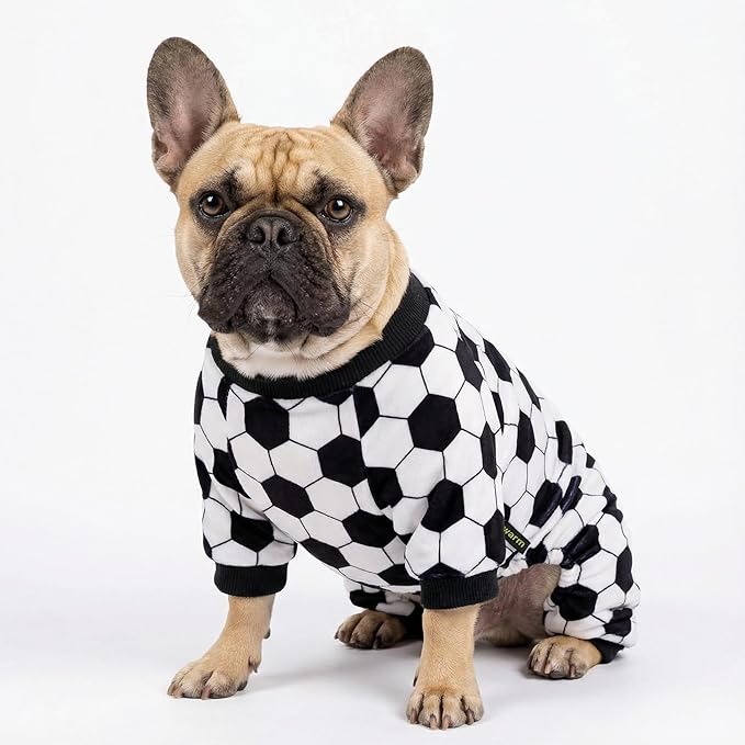 Fitwarm Soccer Dog Fleece Pajamas, Cozy Winter Clothes for Small Dogs Boy Girl, Funny Pet Clothes, Black, White, XS