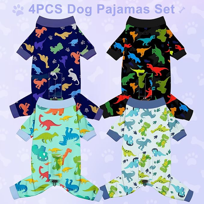 Bienbee Dog Pajamas, 4 Pack Dog Recovery Suit Shedding Suit Cute Soft Puppy Clothes Dogs Pjs Onesies Jammies Adjustable Breathable & Stretchy Clothes for Small Medium Large Dogs Girl Boy Puppy-L