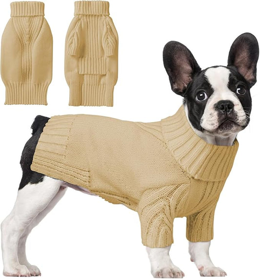 Dog Sweaters for Small Medium Large Dog, Classic Turtleneck Pet Clothes Warm Thermal Doggy Winter Coat, Thick Double Knitting Collar Pullover Cold Weather Puppy Jacket(Khaki,XL)