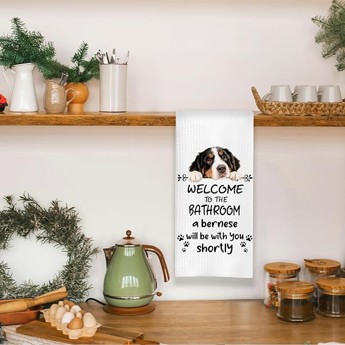 Funny Bernese Mountain Dog Bathroom Hand Towels, Bernese Mountain Dog Gifts, Welcome to The Bathroom Decorative Hand Towels for Bath Room Toilet Washroom Restroom, 16x24 Inch