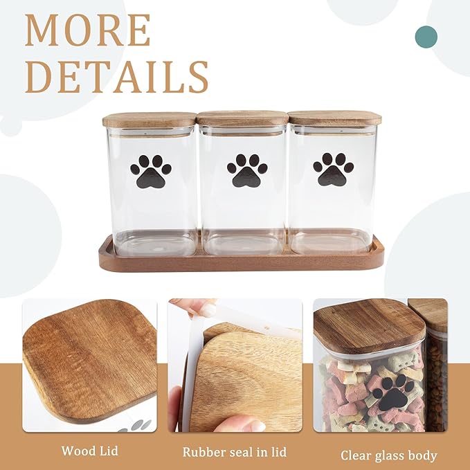 Morezi Dog Treat Container airtight Treats jar for countertop Closet Dog Food Storage 3 Jars with Tray Great for organizing pet Dogs Cats Birds Animal Food Treats Snack Khaki Bar
