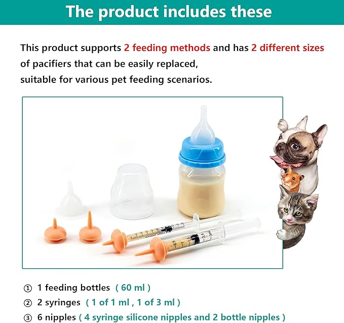 Pet Feeding Bottle and Syringe Set for Puppies and Kittens(1 Bottles,2 Syringes,6 Nipples), Blue