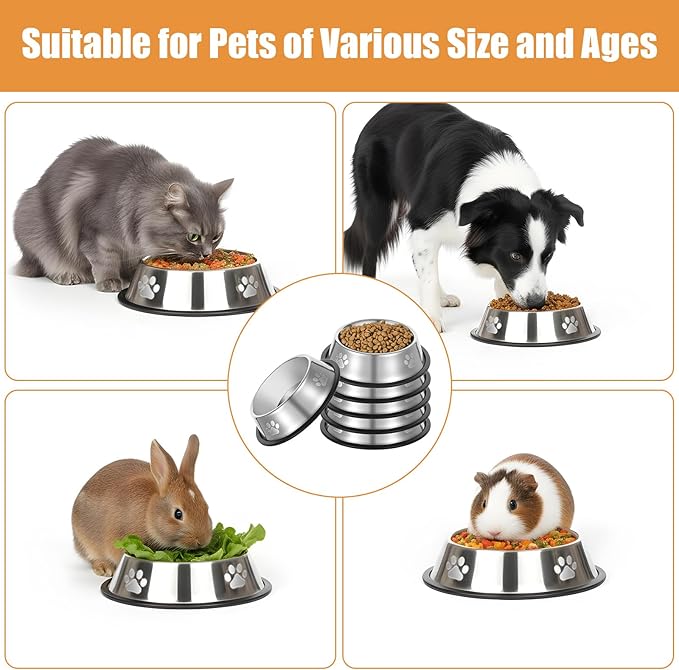 6PCS Stainless Steel Dog Bowls, 20OZ Metal Feeding Bowl with Non-Slip Rubber Base, Pet Food and Water Dishes for Small Medium Animals Kitten Puppy Rabbit Cats