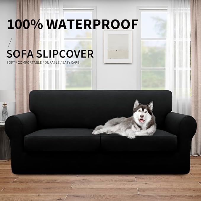 Easy-Going 100% Dual Waterproof 3 Pieces Oversized Loveseat Cover Stretch Soft Couch Cover for Dogs, Sofa Slipcover for 2 Separate Cushion Couch Leakproof Furniture Protector for Kids, Pets Black