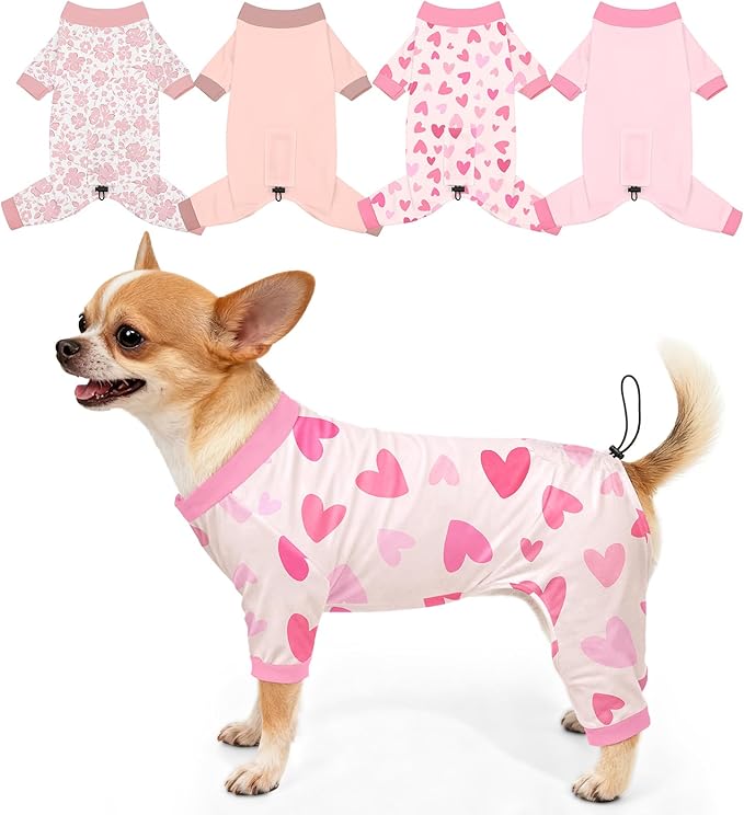 Bienbee Dog Pajamas, 4 Pack Dog Recovery Suit Shedding Suit Cute Soft Puppy Clothes Dogs Pjs Onesies Jammies Adjustable Breathable & Stretchy Clothes for Small Medium Large Dogs Girl Boy Puppy-XS