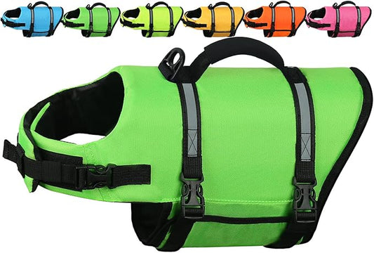 AMZNOVA Rip Stop Dog Life Jacket, Dog Life Vest for Swimming & Boating, Lightweight & Buoyancy for Doggy Puppy, Lifejacket with Handle, S, Bright Green