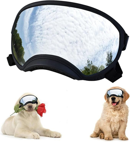 Soft Samll Dog Sunglasses Dog Goggles for Large Breed UV/Wind/Dust Protection Winproof Dog Puppy Sunglasses Pet Glasses Eye Wear with Adjustable Strap (Black Frame & Silver Lens/Small)