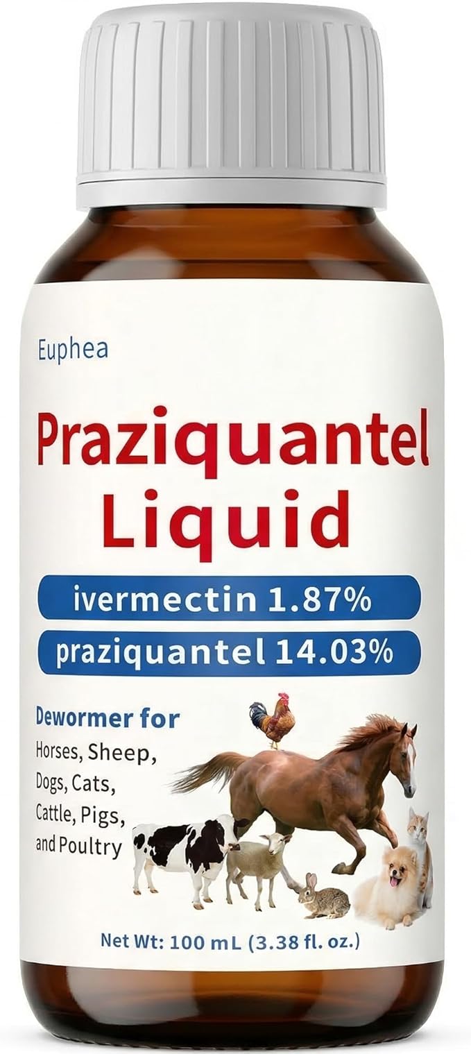 Praziquantel for Horse, Dewormer for Horse, Dogs, Cats, Poultry & More, 14.03% Praziquantel for All Worms, Tapeworms, Roundworms & Hookworms, 100 mL