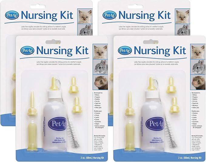 Pet-Ag Nursing Kit - 2 oz, Pack of 4 - Promotes The Natural Feeding of Liquids to Baby Animals - Each Kit Includes 2 oz. Bottle with Cap, 5 Nipples & Cleaning Brush