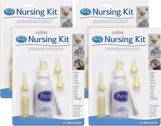 Pet-Ag Nursing Kit - 2 oz, Pack of 4 - Promotes The Natural Feeding of Liquids to Baby Animals - Each Kit Includes 2 oz. Bottle with Cap, 5 Nipples & Cleaning Brush
