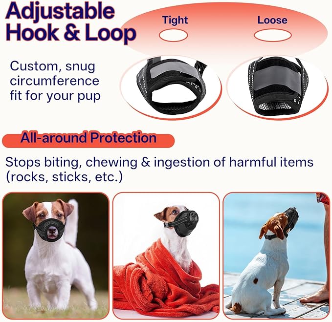 2 Pack Dog Muzzle, Reflective Breathable Soft Mesh Pet Muzzle for Small Dogs, Anti Biting, Chewing, Barking, Adjustable Muzzle for Daily Walking, Vet Visits, Grooming,Training, Black, XS