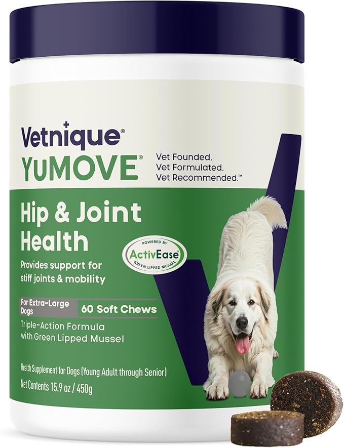 YuMOVE Hip & Joint Supplement for Dogs - Glucosamine, Green Lipped Mussel, Hyaluronic Acid & Omega 3 Supports Mobility & Joint Comfort 60 Chews (Large/XL Dogs)
