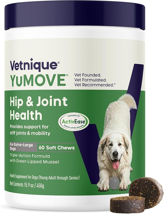 YuMOVE Hip & Joint Supplement for Dogs - Glucosamine, Green Lipped Mussel, Hyaluronic Acid & Omega 3 Supports Mobility & Joint Comfort 60 Chews (Large/XL Dogs)