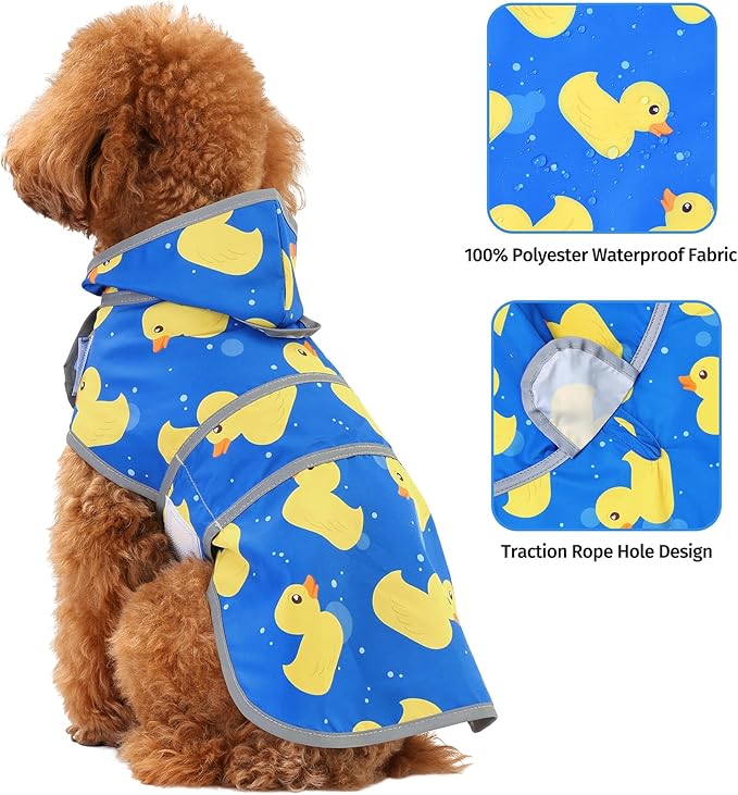 Dog Raincoat for Small Dogs Puppies Waterproof Jacket Hooded Rain Coats with Reflective Strips Leash Hole & Poncho Adjustable Fit (ShinyDuck,S)