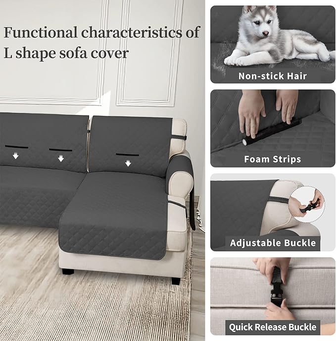 Easy-Going Waterproof Sectional Couch Covers with Chaise 2-Piece Non Slip L Shape Sofa Cover for Dogs Leakproof Furniture Protector Cover with Adjustable Strap for Pets (Small, Dark Gray)