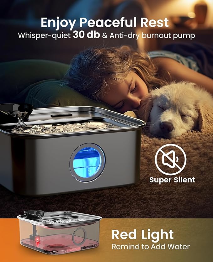oneisall Dog Water Fountain for Large Dogs, 10L/2.6Gal Dog Fountain Water Bowl with Multi-Filtration & Deeper Drinking Aera, Large pet Water Fountain with Water Window & LED, Ultra-Quiet