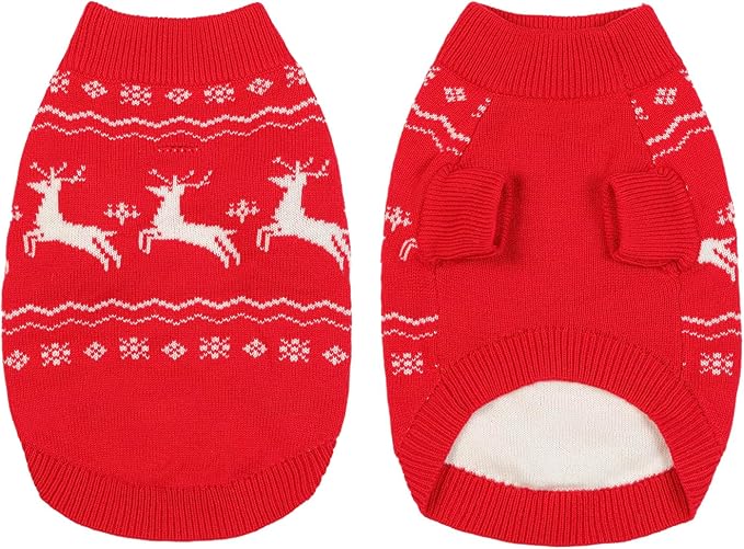 Christmas Small/Medium Dog Sweater, Warm Dog Winter Coat w/Sleeves & Leash Hole, Comfy Stretch Premium Dog Clothes for Bulldog-Best for Holidays, Daily Walks L Red